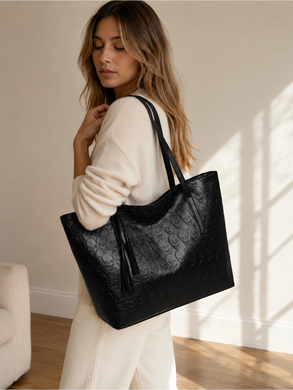 Skull Embossed Tote Bag with Tassel Detail